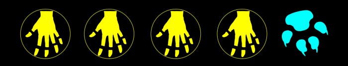 Ilustração com quatro mãos amarelas e uma pata verde.