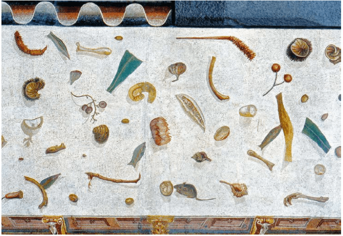 Detalhe de piso não varrido. Pompeia, mosaico, I a.C.