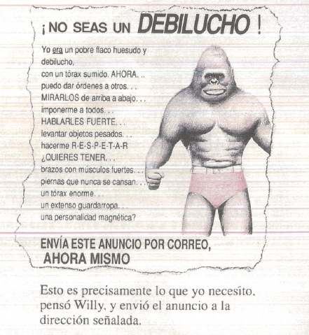 Ilustração. Anúncio mostra um macaco grande, de sunga e postura de luta. Há um título "No seas un debilucho!" e segue um texto de anúncio.