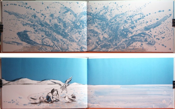 "Onda", de Suzy Lee. Duas páginas duplas.