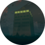 Círculo com ilustração de prédio velho, com apenas as luzes do último andar acesas em amarelo claro.